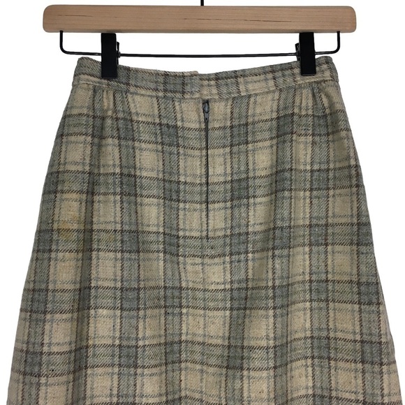 VINTAGE Midi Skirt Wool Plaid Lady Thomson Neutral Minimalist Tartan Size 10 - Picture 4 of 16